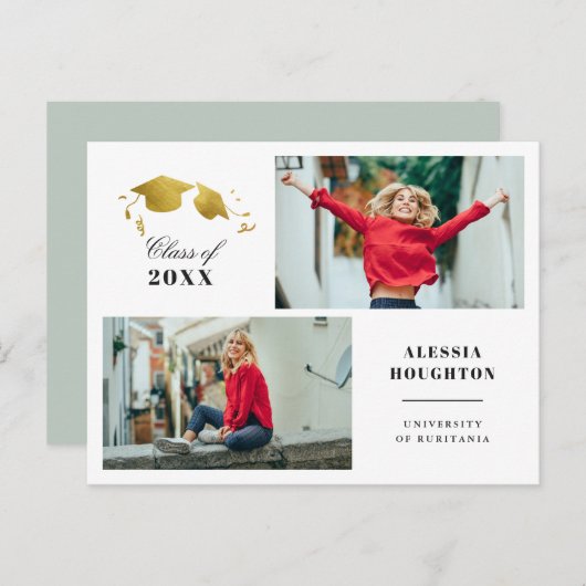 金ゴールドシンプル卒業式キャップフォト卒業パーティー インビテーションポストカード (正面/裏面)