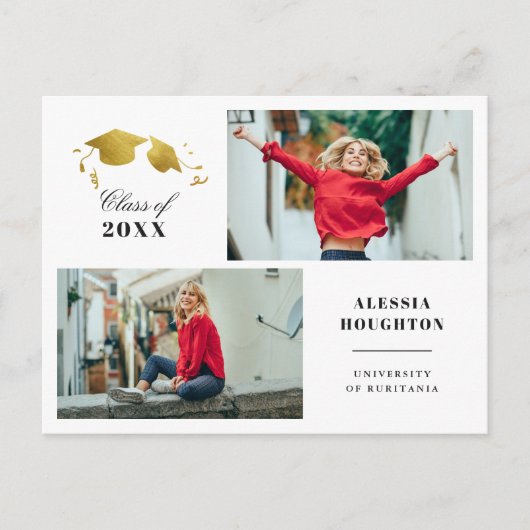 金ゴールドシンプル卒業式キャップフォト卒業パーティー インビテーションポストカード (正面)