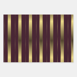 金ゴールドシンプル及びブルゴーニュ幾何ストライプ ラッピングペーパーシート