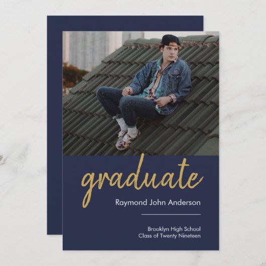 金ゴールドシンプル台本高校写真卒業 案内状 (正面/裏面)