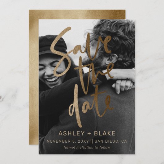 金ゴールドシンプル手書き書道写真 セーブザデート (正面/裏面)