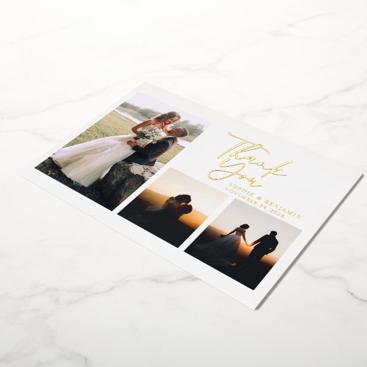 金ゴールドシンプル手書留の結婚感謝金ゴールド 箔招待状 (回転した状態)