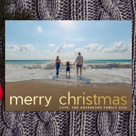 金ゴールドシンプル押しスクリプト写真メリークリスマス 箔シーズンカード