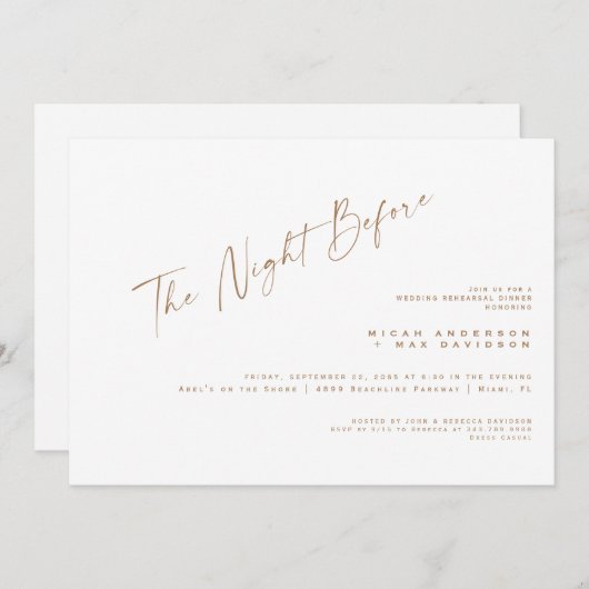 金ゴールドシンプル文字ザナイトリハーサルディナー 招待状 (正面/裏面)