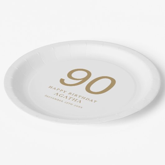 金ゴールドシンプル文字90th名前バースデーパーティー ペーパープレート (アングル)