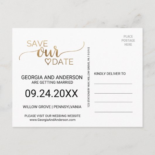 金ゴールドシンプル書道結婚式の日付を保存 案内ポストカード (裏面)