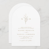 金ゴールドシンプル植物モノグラム結婚ラスチス 招待状 (正面/裏面)