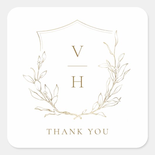 金ゴールドシンプル植物冠モノグラ結婚ム スクエアシール (正面)