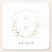 金ゴールドシンプル植物冠モノグラ結婚ム スクエアペーパーコースター (正面)