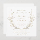 金ゴールドシンプル植物性リースラス結婚ト 招待状 (正面/裏面)
