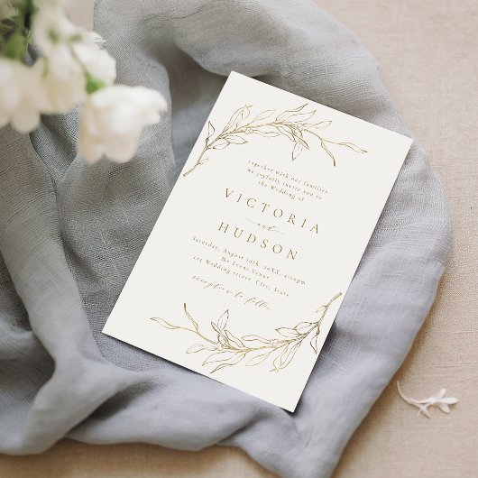金ゴールドシンプル植物性リースラス結婚ト 招待状