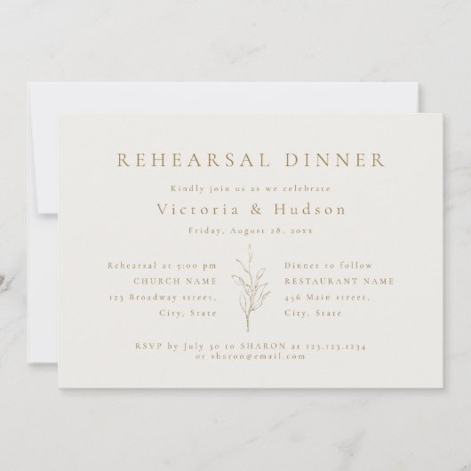 金ゴールドシンプル植物葉のリハーサルディナーinvi 招待状 (正面)