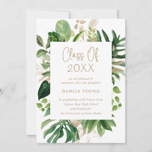 金ゴールドシンプル熱帯写真モダン卒業 案内状 (正面)