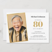 金ゴールドシンプル白カスタム写真80th誕生日パーティー 招待状 (正面)