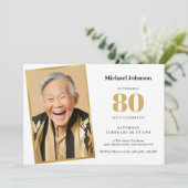 金ゴールドシンプル白カスタム写真80th誕生日パーティー 招待状 (スタンド正面)