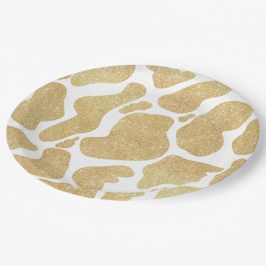 金ゴールドシンプル白大型牛斑動物パターン ペーパープレート (アングル)