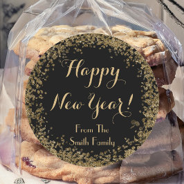 金ゴールドシンプル紙吹雪とブラックハッピーニューイヤー ラウンドシール