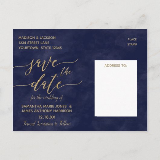 金ゴールドシンプル結婚式の日付を保存する 案内ポストカード (裏面)