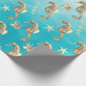 金ゴールドシーウマズザ深いカリブのブルーシー ラッピングペーパー (角)