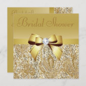 金ゴールドシークインズ、ボウ&ダイヤモンドブライダルシャワー 招待状 (正面/裏面)