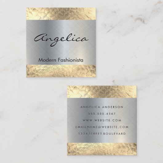 金ゴールドシークインパターン |シルバー金属の背景 スクエア名刺 (正面/裏面)