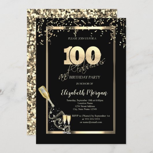 金ゴールドシークイン、ワイングラスボトル100誕生日 招待状 (正面/裏面)