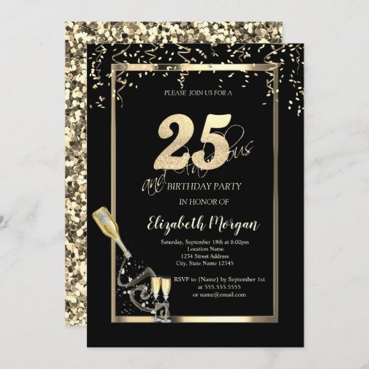 金ゴールドシークイン、ワイングラスボトル25誕生日 招待状 (正面/裏面)