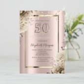 金ゴールドシークイン、花バラ金ゴールド50誕生日 招待状 (スタンド正面)