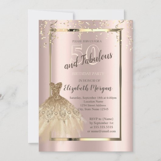 金ゴールドシークンズグリッタードレス50th誕生日 招待状 (正面)