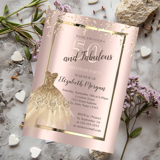 金ゴールドシークンズグリッタードレス50th誕生日 招待状