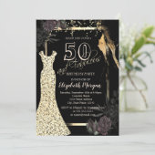 金ゴールドシークンズドレスダークバラ50th誕生日 招待状 (スタンド正面)
