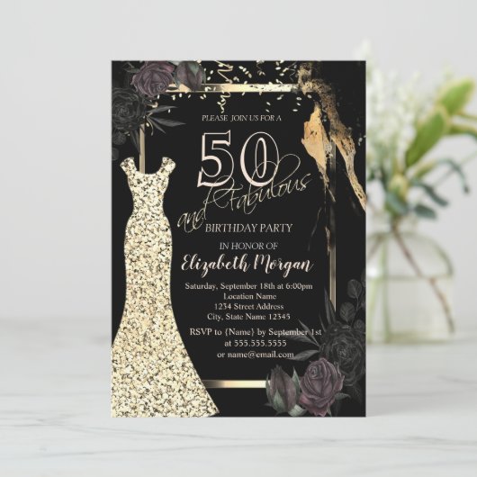 金ゴールドシークンズドレスダークバラ50th誕生日 招待状 (スタンド正面)
