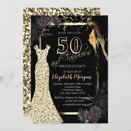 金ゴールドシークンズドレスダークバラ50th誕生日 招待状 (正面/裏面)