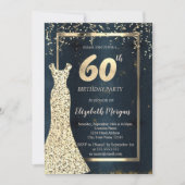 金ゴールドシークンズドレスダーク、フレーム、ブルー60誕生日 招待状 (正面)