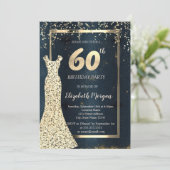 金ゴールドシークンズドレスダーク、フレーム、ブルー60誕生日 招待状 (スタンド正面)