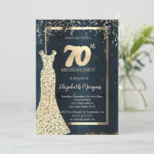 金ゴールドシークンズドレスダーク、フレーム、ブルー70誕生日 招待状 (スタンド正面)
