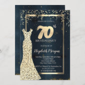 金ゴールドシークンズドレスダーク、フレーム、ブルー70誕生日 招待状 (正面/裏面)