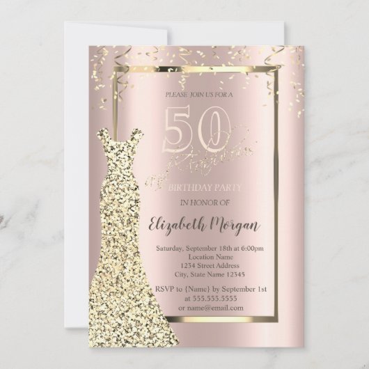 金ゴールドシークンズドレスバラ金ゴールド50th誕生日 招待状 (正面)