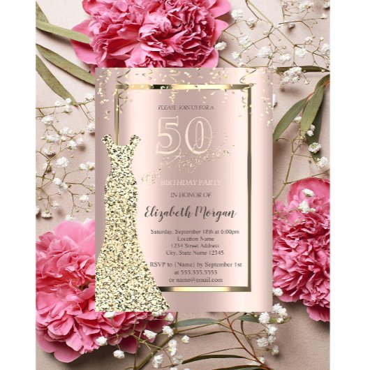 金ゴールドシークンズドレスバラ金ゴールド50th誕生日 招待状