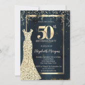 金ゴールドシークンズドレスフレーム、ダークブルー50誕生日 招待状 (正面)