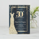 金ゴールドシークンズドレスフレーム、ダークブルー50誕生日 招待状 (スタンド正面)