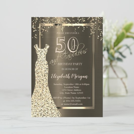 金ゴールドシークンズドレスブラウンメタリック50誕生日 招待状 (スタンド正面)