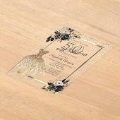 金ゴールドシークンズドレスブラックバラ50誕生日 アクリル招待状 (レイダウン)