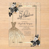 金ゴールドシークンズドレスブラックバラ50誕生日 アクリル招待状 (正面)