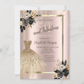 金ゴールドシークンズドレスブラックバラ50誕生日 招待状 (正面)