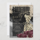 金ゴールドシークンズドレスブルゴーニュバラ60誕生日 招待状 (正面)