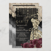 金ゴールドシークンズドレスブルゴーニュバラ60誕生日 招待状 (正面/裏面)