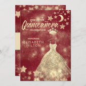 金ゴールドシークンズドレスムーンスターズQuinceaenera red 招待状 (正面/裏面)