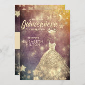 金ゴールドシークンズドレスムーンスターズQuinceanera 招待状 (正面/裏面)