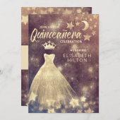 金ゴールドシークンズドレスムーンスターズQuinceanera 招待状 (正面/裏面)